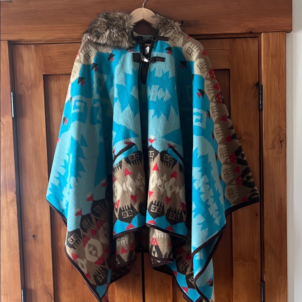 Beautiful Tasha Polizzi Blue and Brown Hooded Poncho with Fur Trim